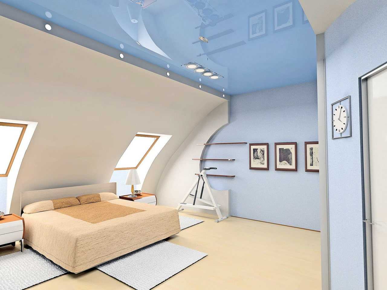 Натяжной потолок на мансарде (38 фото): конструкции на мансардном этаже, потолочное покрытие в комнате под углом